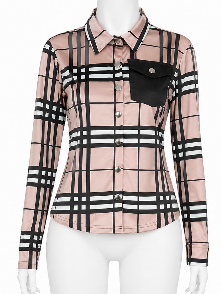 Women's Blush Plaid Button-Down Shirt With Black Pocket